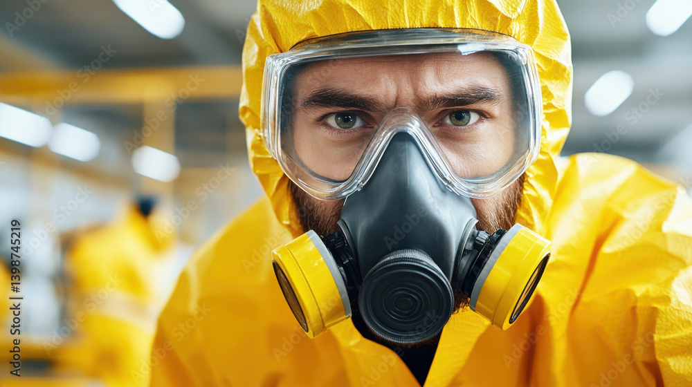 Scientist wearing hazmat suit and respirator working in laboratory Scientist wearing hazmat suit and respirator working in laboratory