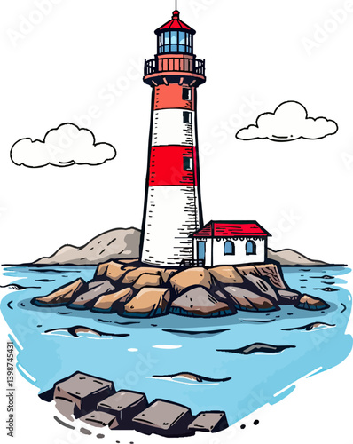a drawing of a lighthouse on a rock in the ocean
