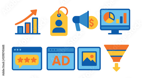 Series of icons for advertising, including a dollar sign, a person