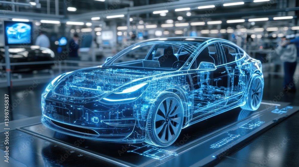 Futuristic electric car being projected holographically in a modern factory setting Futuristic electric car being projected holographically in a modern factory setting
