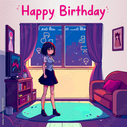 a woman standing in a living room with a birthday card