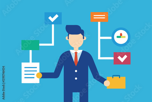 business professional, multitasking, icons, flat design, blue background, suit, time management, productivity, check mark, document, speech bubble, clock, briefcase, task completion, 