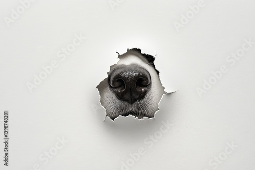 A playful dog nose breaks through a white canvas, providing a simple yet engaging area for messaging