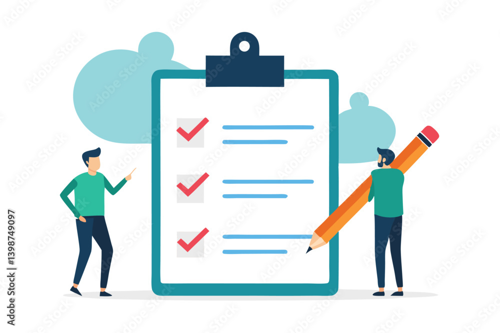 Minimalist illustration, giant clipboard checklist, tiny people, green and blue color scheme, task completion concept, oversized pencil, flat design, vector graphics style, productivity metaphor, Minimalist illustration, giant clipboard checklist, tiny people, green and blue color scheme, task completion concept, oversized pencil, flat design, vector graphics style, productivity metaphor,