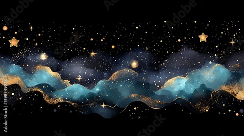 Watercolor painting depicts a starry sky with celestial golden clouds