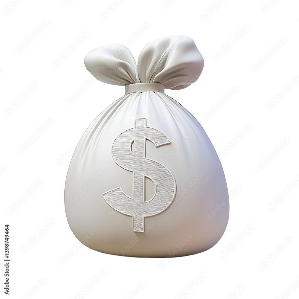 Fototapeta premium White money bag with dollar currency sign. 3d rendering isolated on white background. Cartoon plastic style icon