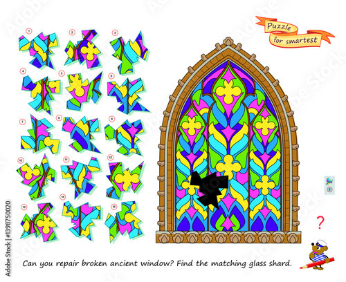 Can you repair broken ancient window? Find the matching glass shard. Logic puzzle game for smartest. Page for kids brain teaser book. Developing spatial thinking. Flat vector illustration.