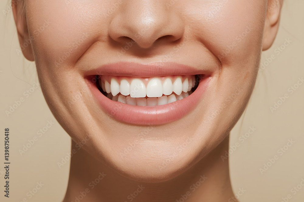 Obraz premium A Close-Up Shot of a Woman's Radiant Smile, Showcasing Perfectly White Teeth and Healthy Gums, Exuding Confidence and Joy