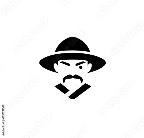 Minimalistic logo design featuring a character with a mustache and hat reflecting a vintage aesthetic