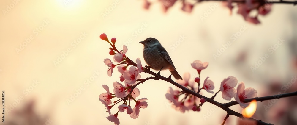 Bird perched on blossoming branch, bathed in soft golden light, creating a serene, natural scene. Bird perched on blossoming branch, bathed in soft golden light, creating a serene, natural scene.