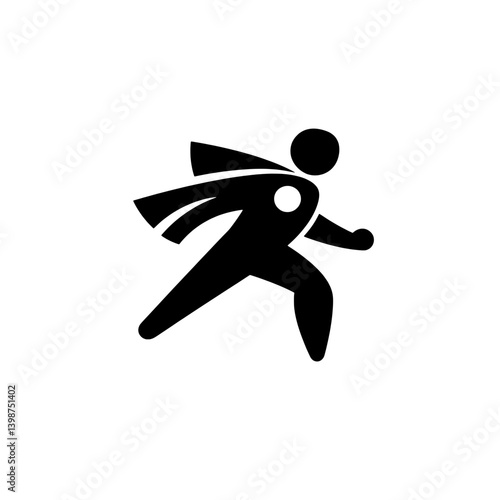 Minimalist logo design featuring a dynamic figure in motion wearing a cape