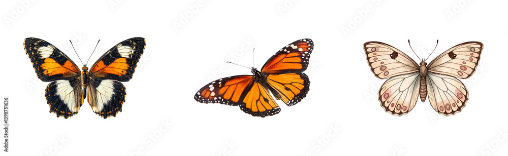 Fototapeta premium Colorful butterflies in nature setting. Cut out png set