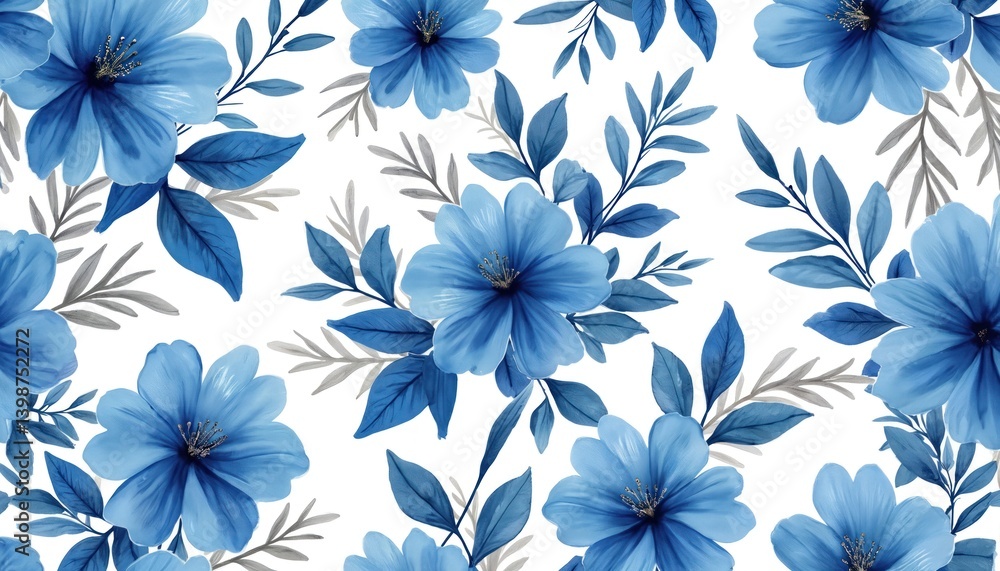 Fototapeta premium Seamless watercolor floral design, blue flowers on white background. Seamless pattern of blue flowers with leaves, can be used for textile, wedding invitation, greeting cards, wrapping paper and more.
