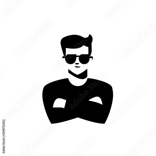Stylish minimalist icon showcasing a confident young man with sunglasses and crossed arms in a sleek black design