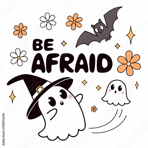 Cute Halloween Vector Illustration With Ghosts Bat Flowers And Message