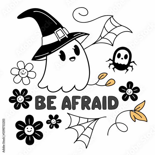 Cute Halloween Ghost With Witch Hat And Spider Doodle Vector Illustration