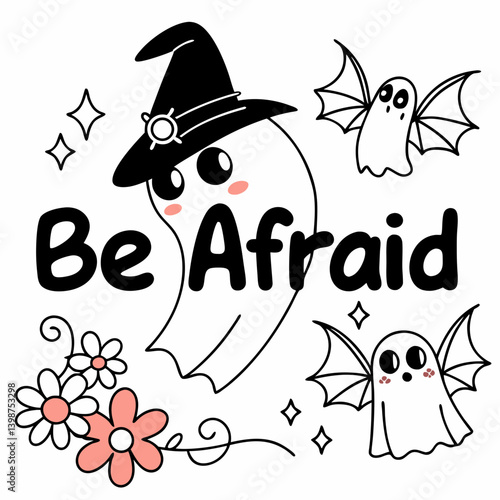 Cute Halloween Ghost And Bat Illustration With Witch Hat And Flowers