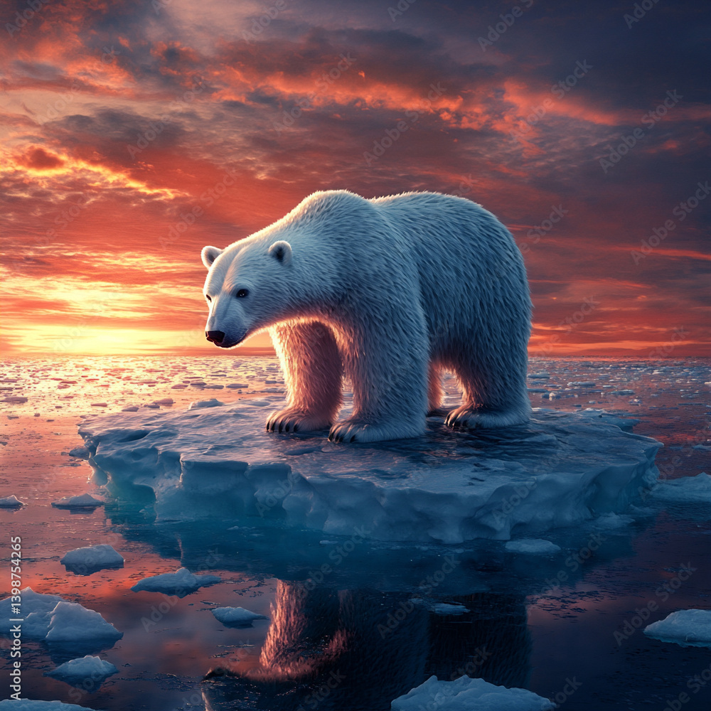 Realistic Digital Illustration of Polar Bear Stranded on Melting Ice Floe, Arctic Climate Crisis Depiction with Dramatic Sunset Realistic Digital Illustration of Polar Bear Stranded on Melting Ice Floe, Arctic Climate Crisis Depiction with Dramatic Sunset