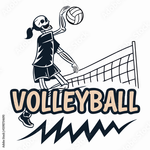 Volleyball Skeleton Player Spiking Ball Above Net With Word Volleyball