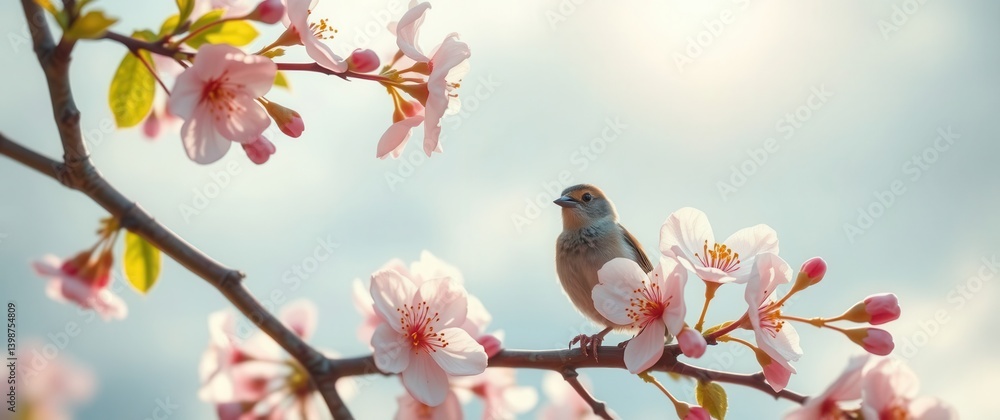 A small brown bird perched on a flowering branch against a soft blue sky, capturing a moment of springtime. A small brown bird perched on a flowering branch against a soft blue sky, capturing a moment of springtime.