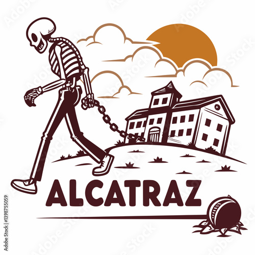 Alcatraz Inmate Skeleton Chained Prisoner Graphic Illustration Vector Art