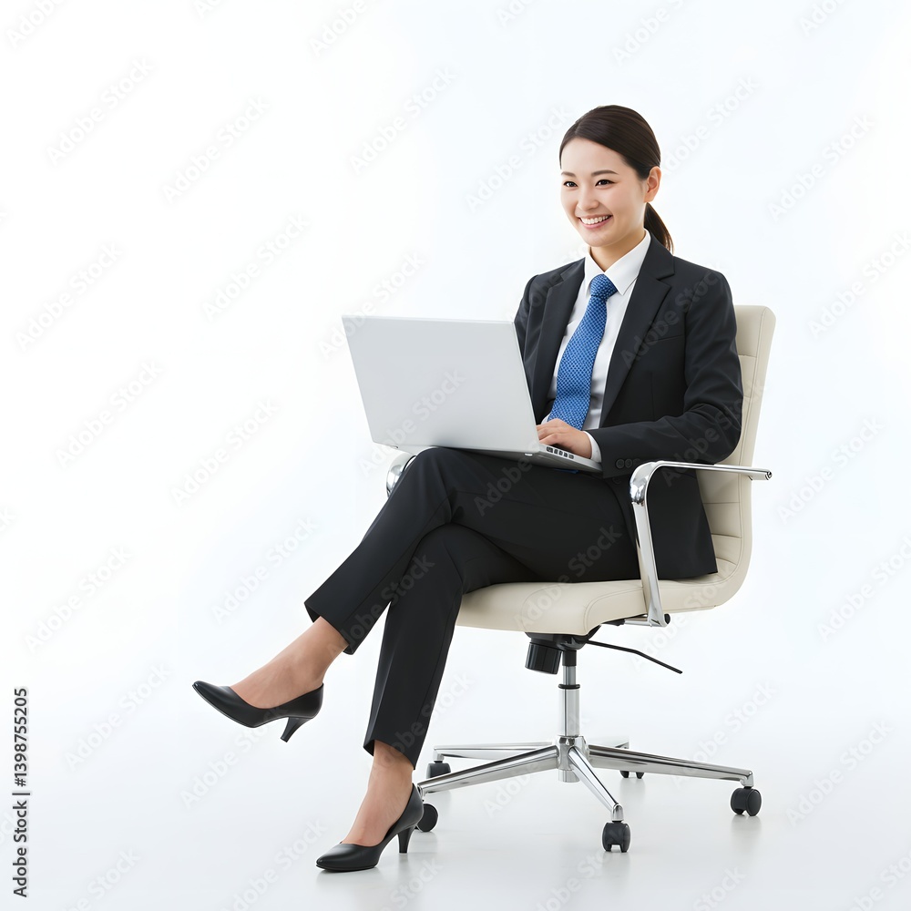 A professional businesswoman in a sleek suit and blue tie sits confidently in a modern office chair, working on a laptop. Her poised demeanor reflects executive leadership and corporate expertise. A professional businesswoman in a sleek suit and blue tie sits confidently in a modern office chair, working on a laptop. Her poised demeanor reflects executive leadership and corporate expertise.