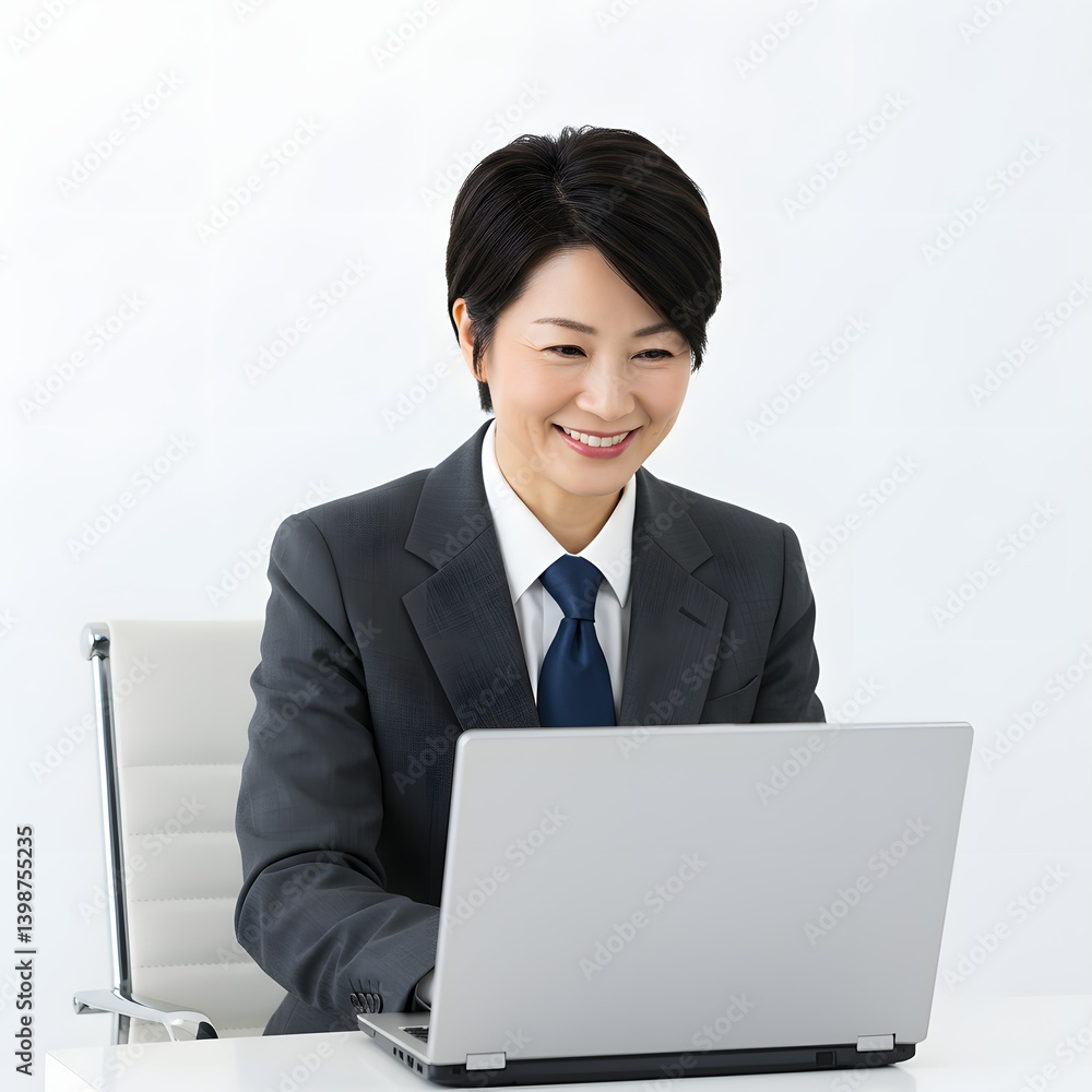 A professional manager in a sharp suit works on a laptop with a confident smile. The image reflects executive leadership, corporate focus, and a strong, business-oriented demeanor. A professional manager in a sharp suit works on a laptop with a confident smile. The image reflects executive leadership, corporate focus, and a strong, business-oriented demeanor.