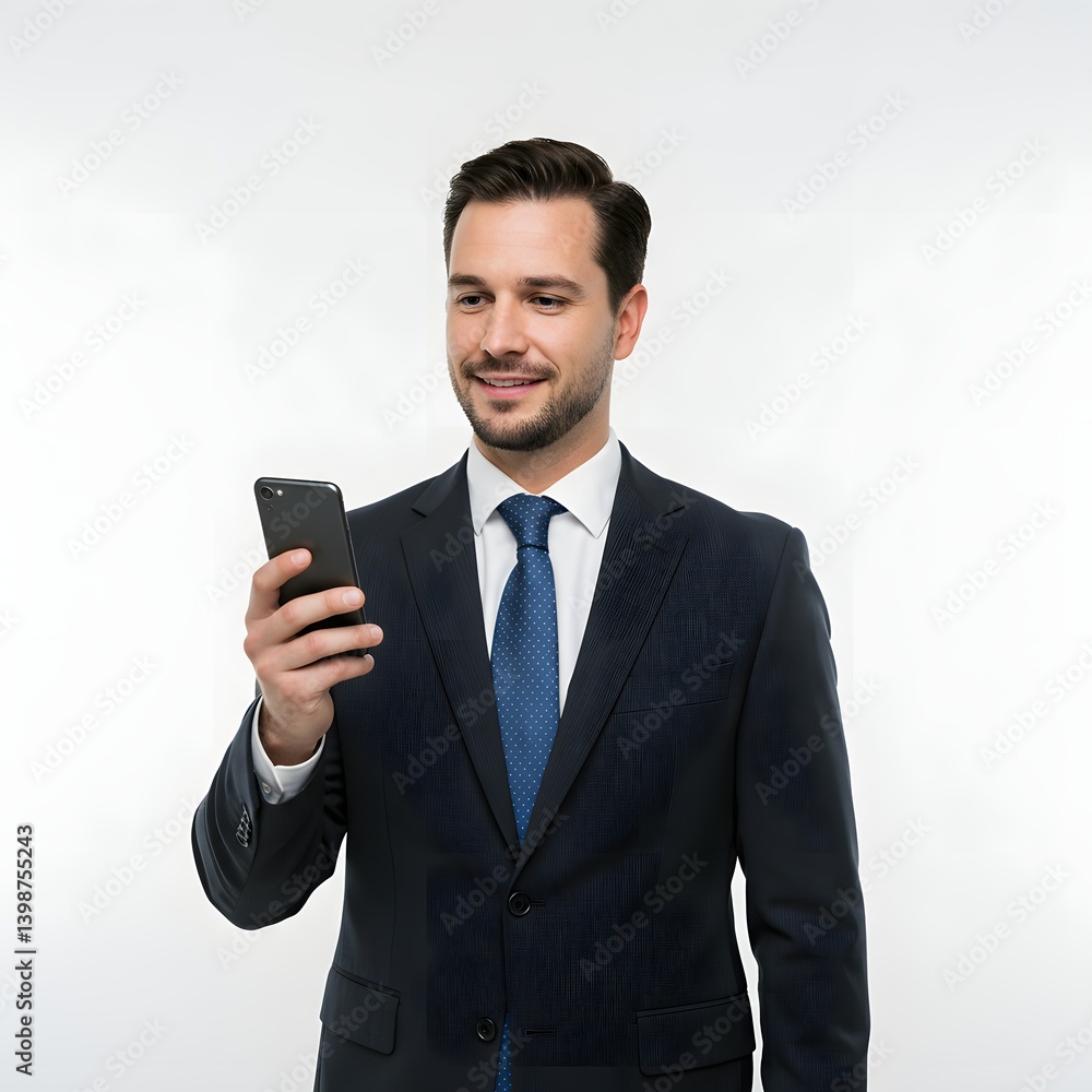 A confident businessman in a navy suit and tie holds a smartphone while smiling. His professional appearance reflects corporate expertise, executive leadership, and strategic focus. A confident businessman in a navy suit and tie holds a smartphone while smiling. His professional appearance reflects corporate expertise, executive leadership, and strategic focus.