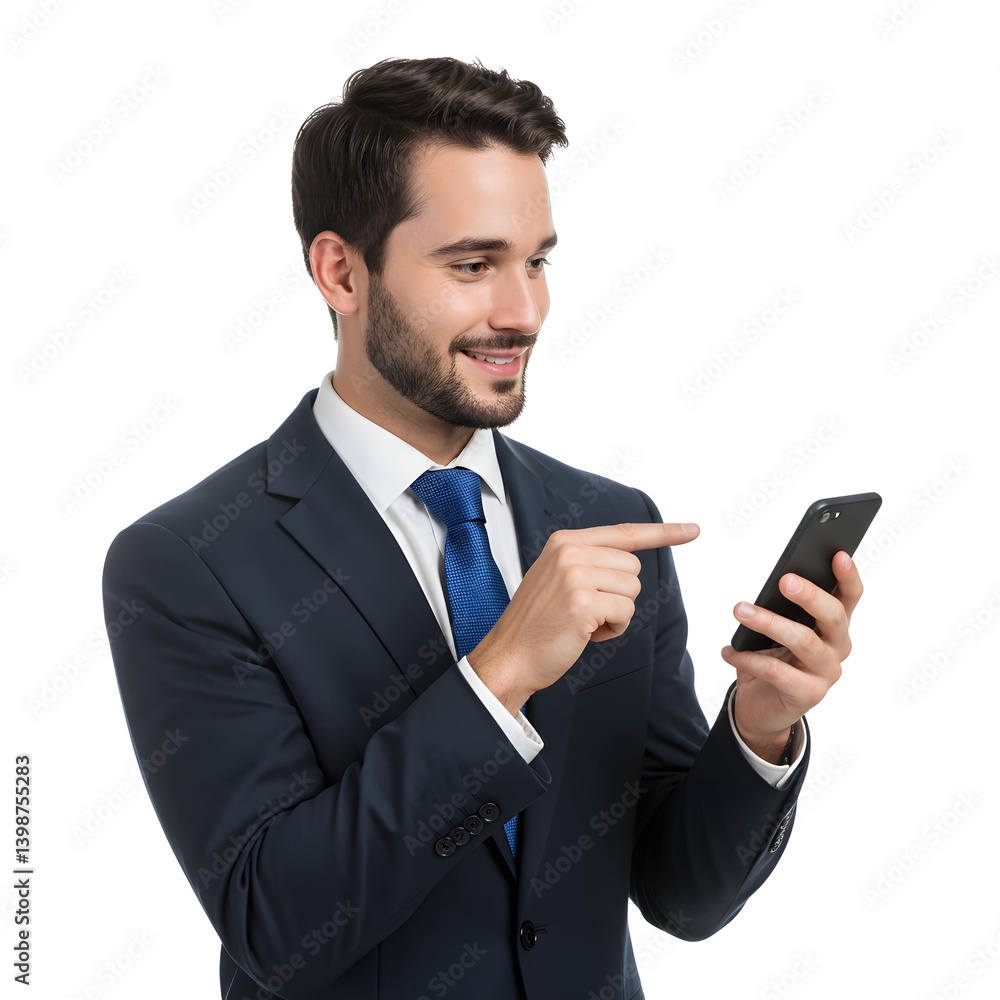 A confident business executive in a navy suit and blue tie holds a smartphone, smiling and focused. His professional demeanor reflects corporate expertise, communication, and strategic leadership. A confident business executive in a navy suit and blue tie holds a smartphone, smiling and focused. His professional demeanor reflects corporate expertise, communication, and strategic leadership.