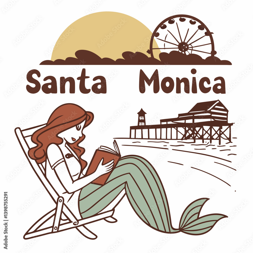 Obraz premium Mermaid Relaxing On Santa Monica Beach With Pier And Ferris Wheel