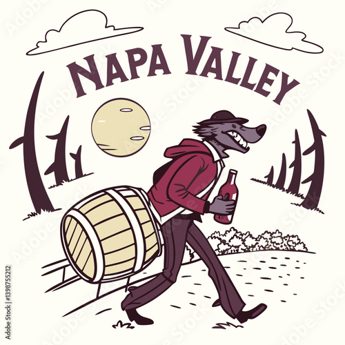 Napa Valley Wolf Character Carrying Wine Barrel And Bottle Cartoon Illustration