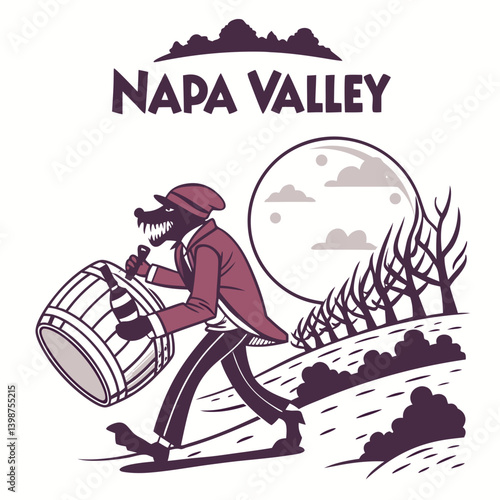 Napa Valley Wine Werewolf Carrying Barrel Under Moonlight Cartoonish Vector Illustration