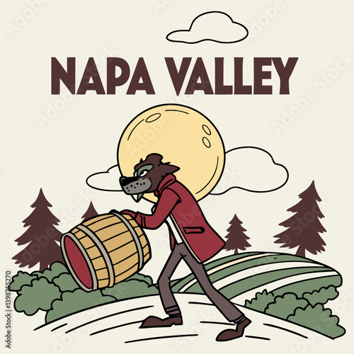 Wolf Character Transporting Wine Barrel Napa Valley Vineyard Vector Illustration