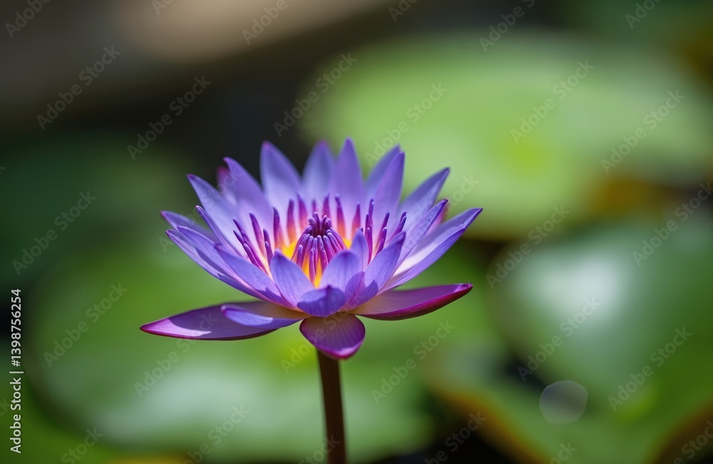 Close-up of blue lotus flower Nymphaea, purple petals with yellow center. Aquatic plant blooming. Blurred green waterlily background. Nature, floral background. Relax, meditation concept. Close-up of blue lotus flower Nymphaea, purple petals with yellow center. Aquatic plant blooming. Blurred green waterlily background. Nature, floral background. Relax, meditation concept.