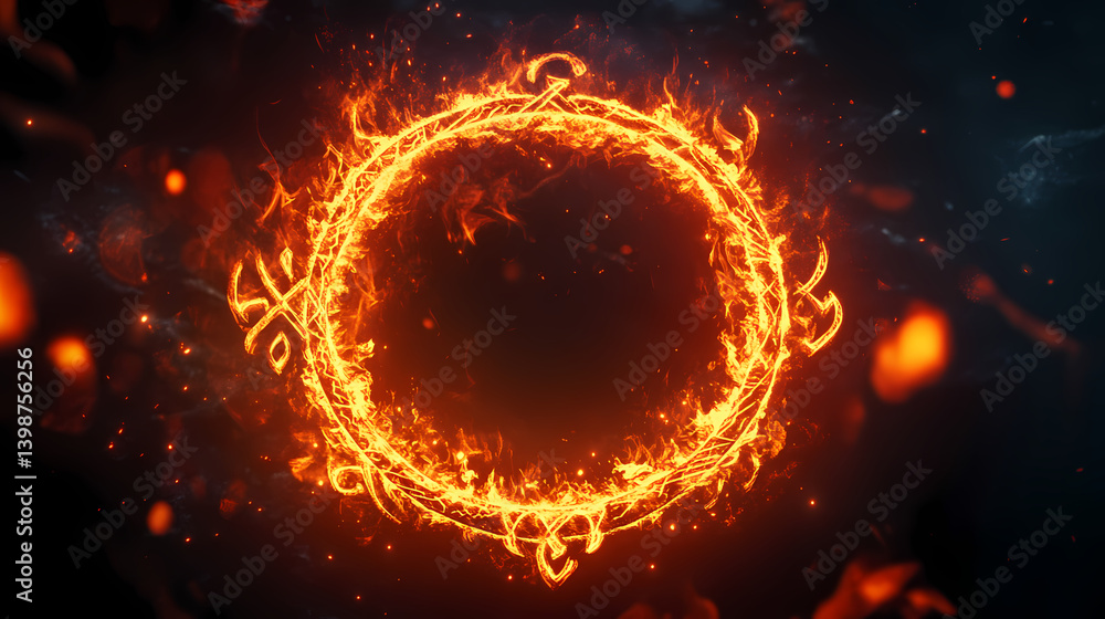 Flaming runic circle on dark background. Runic Portal. Illustration Flaming runic circle on dark background. Runic Portal. Illustration