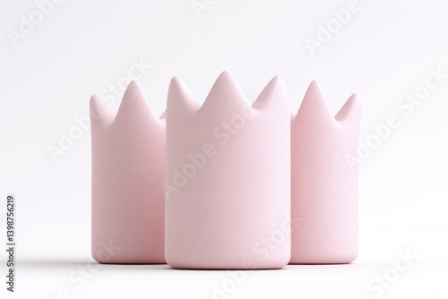 Three pastel pink crown-shaped objects on a white background.  A minimalist, 3D rendered design featuring light pink crowns