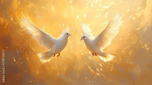 Wallpaper Mural Two pure white doves gliding through the air, illuminated by the gentle rays of the sun, wings spread in harmony. Whispering Marks. Illustration Torontodigital.ca