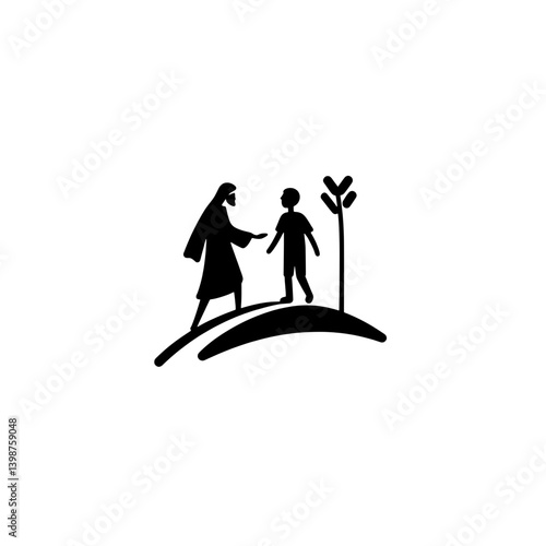 Logo design illustrating a minimalistic concept featuring a figure interacting with a child in a natural setting