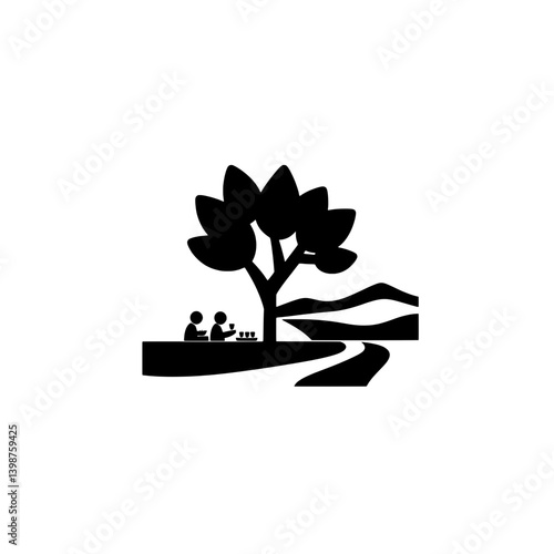 Minimalist logo featuring two people enjoying leisure time under a tree by a river with hills in the background