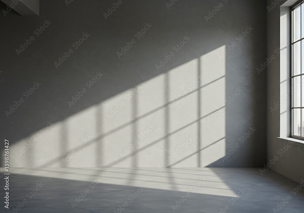 Modern interior design sunlight window shadows empty room grey walls Modern interior design sunlight window shadows empty room grey walls