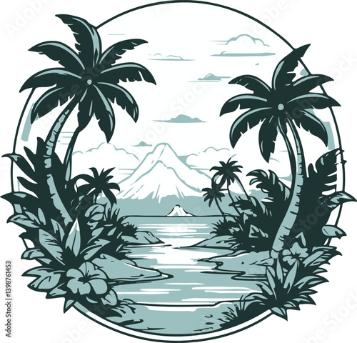 Waterfall Silhouette in Forest on Retro Vintage Background. Vector T-shirt Design