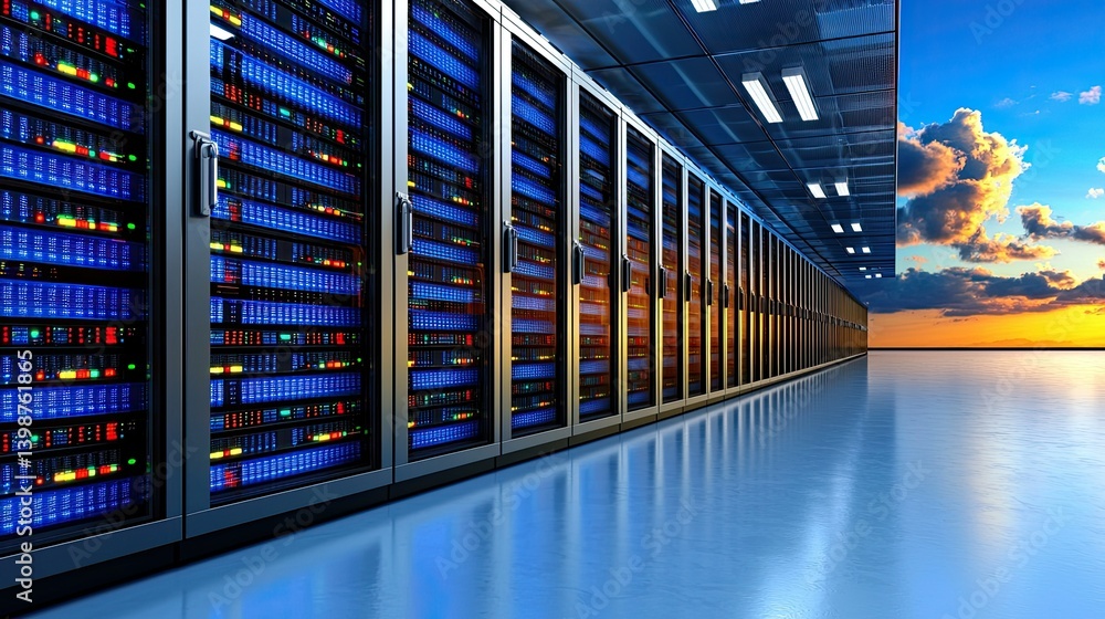 Futuristic Server Room at Sunset: A Stunning Visual of Modern Data Center Technology Futuristic Server Room at Sunset: A Stunning Visual of Modern Data Center Technology