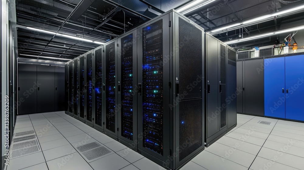 Naklejka premium Advanced data center interior featuring black mesh server cabinets, exposed cable trays, and bright LED indicators. Suitable for illustrating cloud, IT, or cybersecurity topics