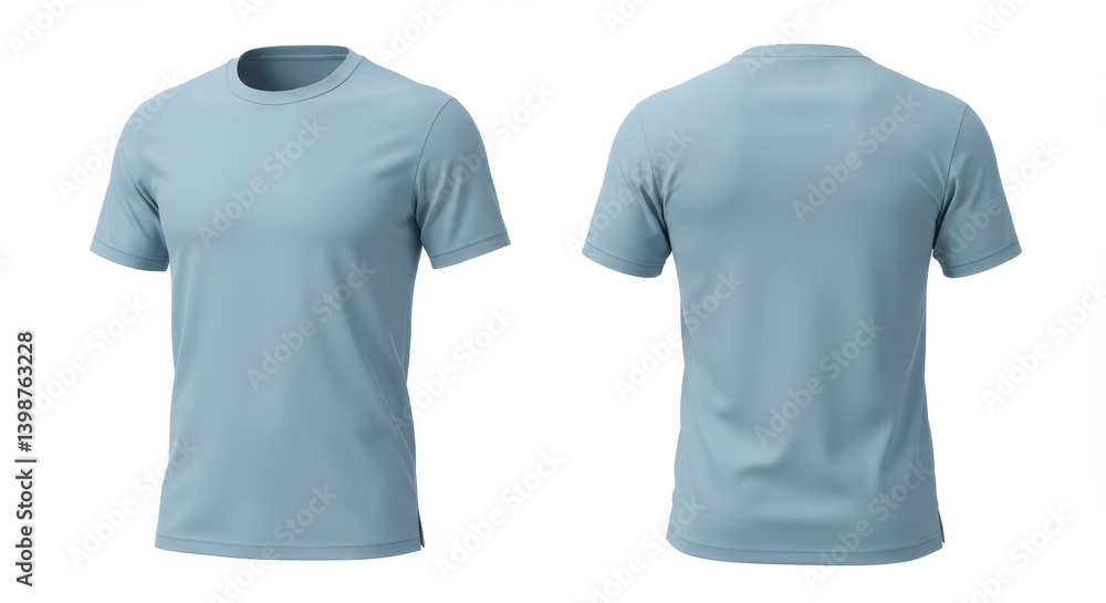 Front and back view of a light blue t shirt on a white background in a studio setting showing the fit Front and back view of a light blue t shirt on a white background in a studio setting showing the fit
