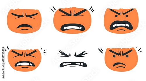 Six different expressions of anger on cartoon faces.