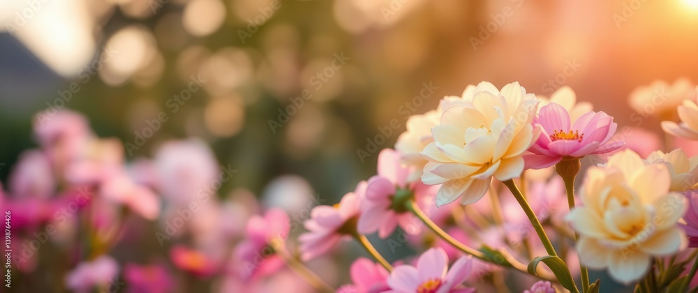 Floral Abundance: Soft pink and cream blossoms bask in the golden light, creating a serene atmosphere. Floral Abundance: Soft pink and cream blossoms bask in the golden light, creating a serene atmosphere.