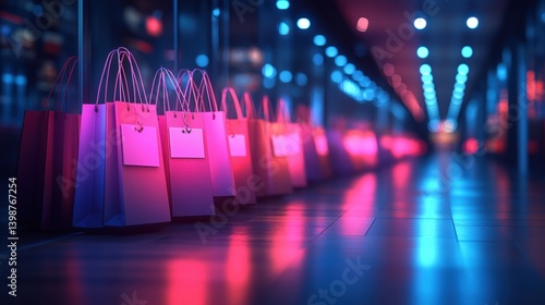Colorful shopping bags lined up in a vibrant mall corridor with illuminated reflections