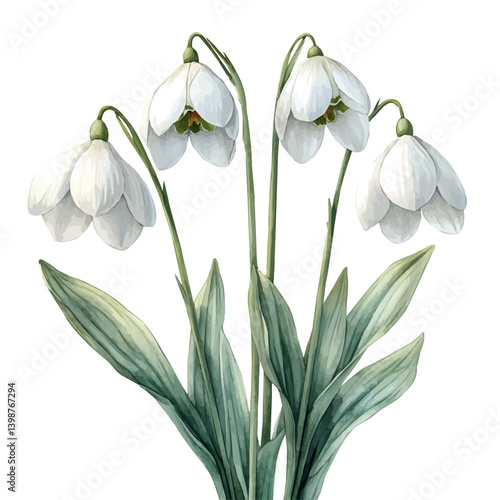 Snowdrop branch, watercolor illustration, isolated on a white background.

