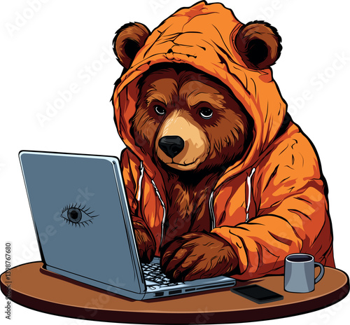 Cozy Bear, Fancy Bear symbol for Russian hacker group is also called APT28 and APT29 in a hoodie and laptop on the table comic art illustration graphic on white background