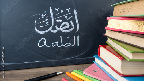 Arabic graphic day international ,Back to school concept with chalk books on a green blackboard for study